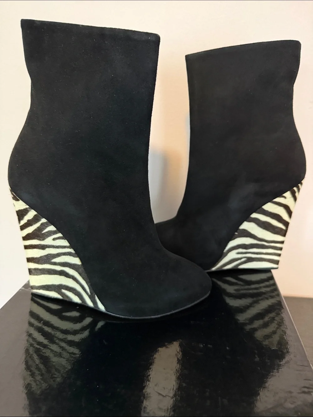 Giuseppe Zanotti Black Suede Ankle Booties with Zebra Wedge